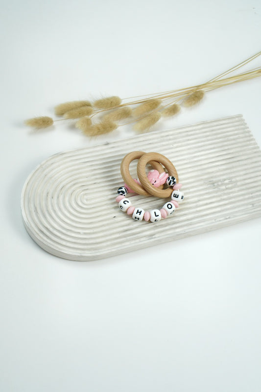 Personalized Rattle Ring - Pink Bunny