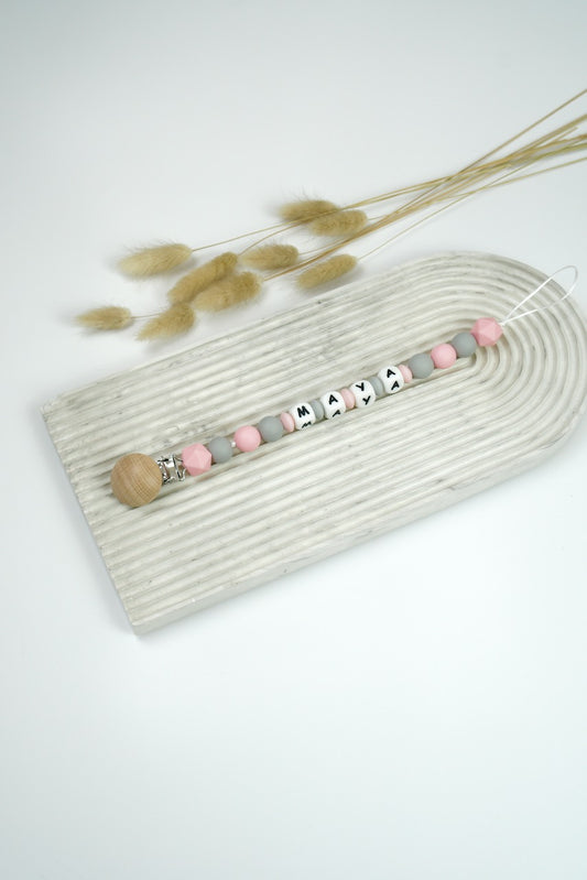 Personalized Pacifier Clip - Pink & Grey
