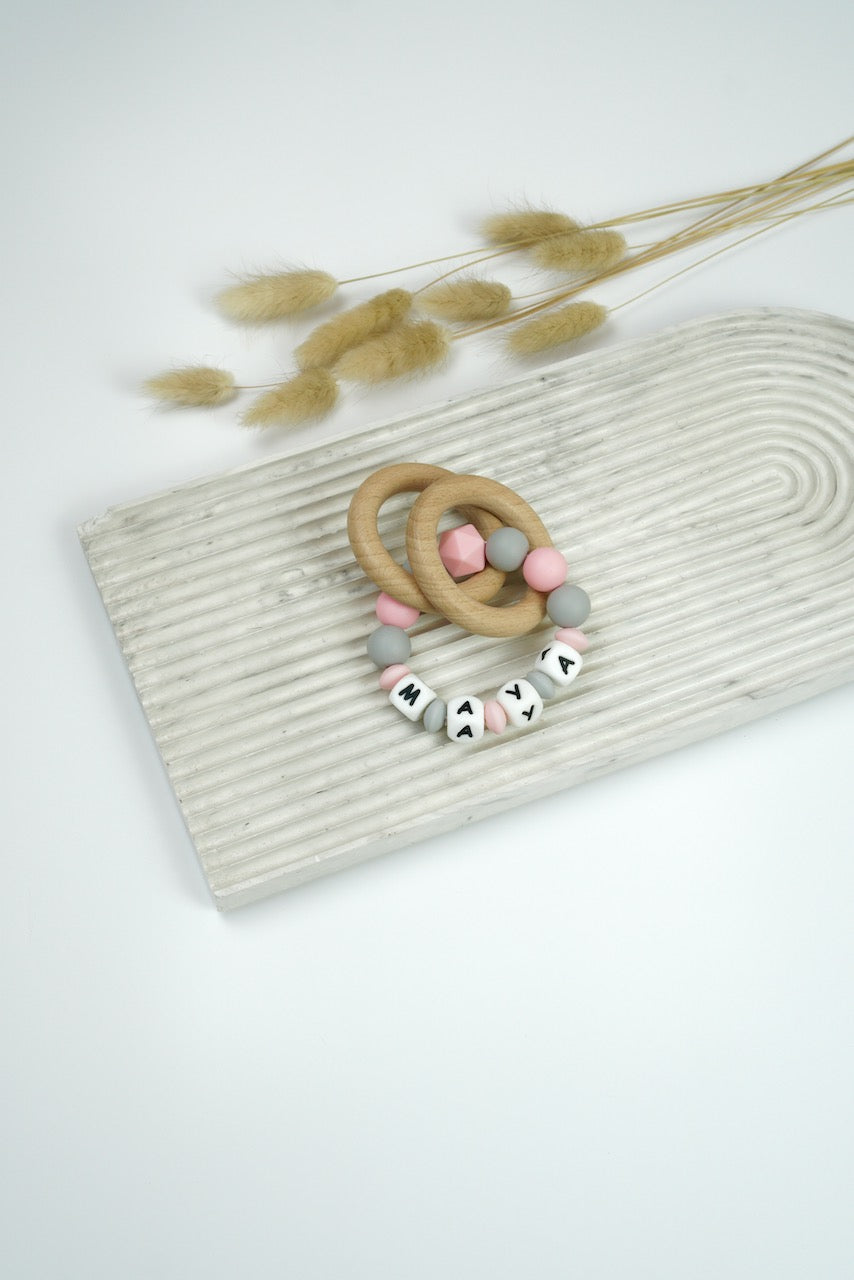 Personalized Rattle Ring - Pink & Grey