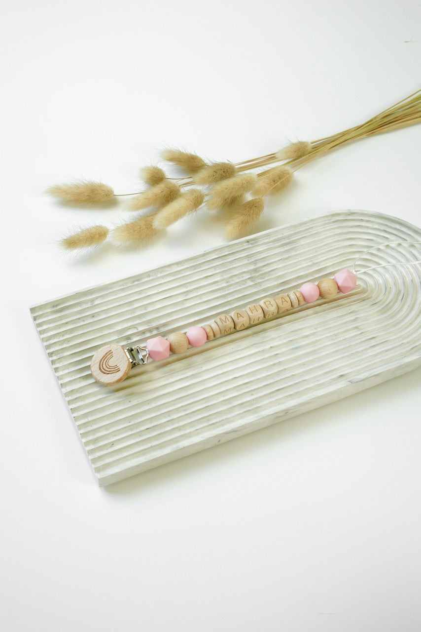 Personalized Pacifier Clip - Pink & Wood