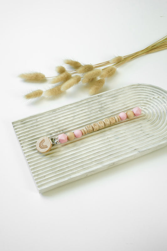 Personalized Pacifier Clip - Pink & Wood