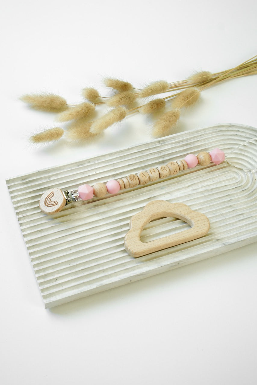 Personalized Pacifier Clip - Pink & Wood
