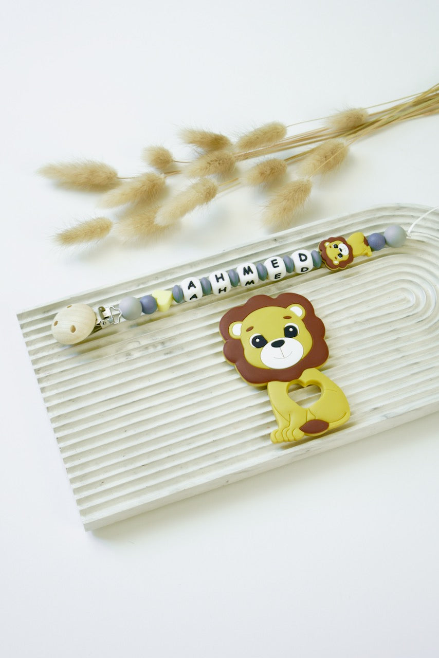 Personalized Pacifier Clip - Grey Lion