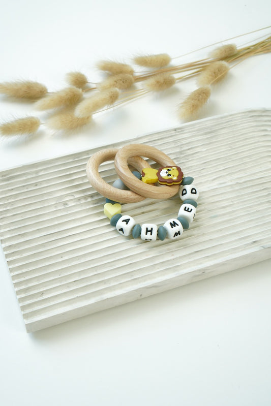 Personalized Rattle Ring - Grey Lion