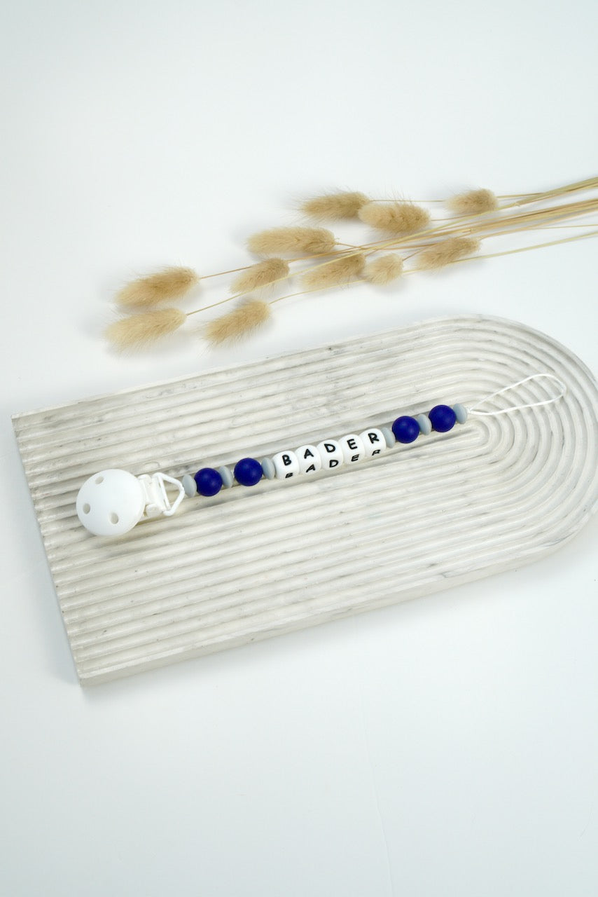 Personalized Pacifier Clip - Navy Blue & Grey