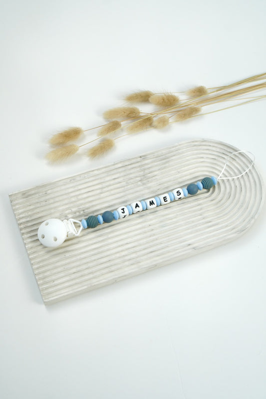 Personalized Pacifier Clip - Grey & Blue